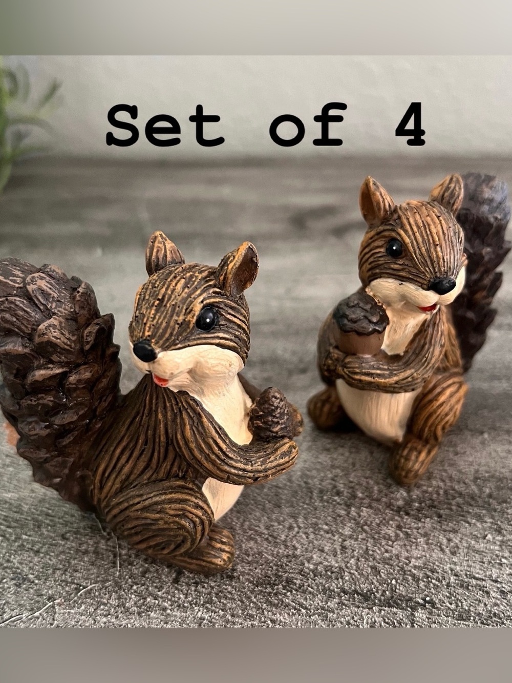 Set Of 4 Pine Cone Tailed 3" Squirrel Figurine, Polyresin, Home Decor